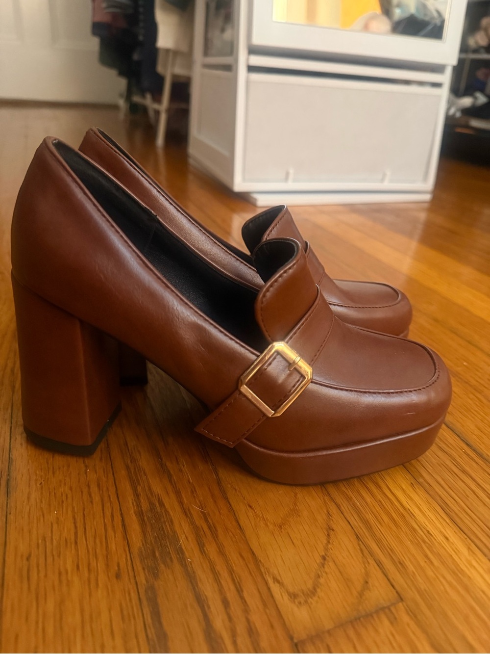 Brown Platform Block Heel Loafers with Gold Buckle